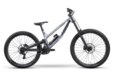 Norco Team DH 2 RockShox 2027, vue de profil, argent et bleu